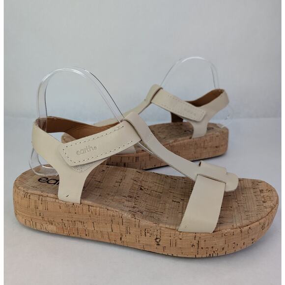 Earth Shoes - Earth Shari Platform Strappy Tan Leather Sandals Cork Base Open Toe 10M